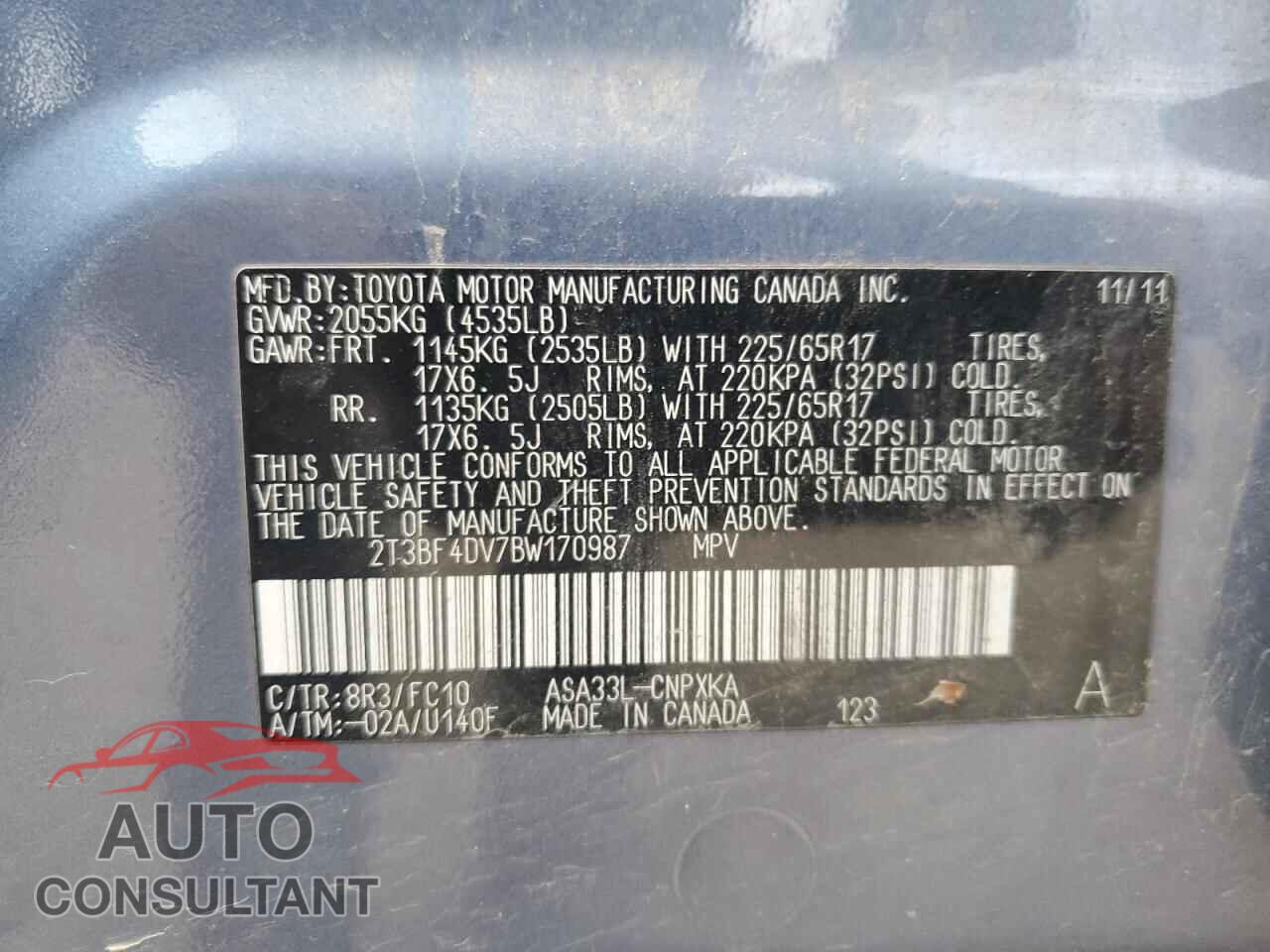 TOYOTA RAV4 2011 - 2T3BF4DV7BW170987