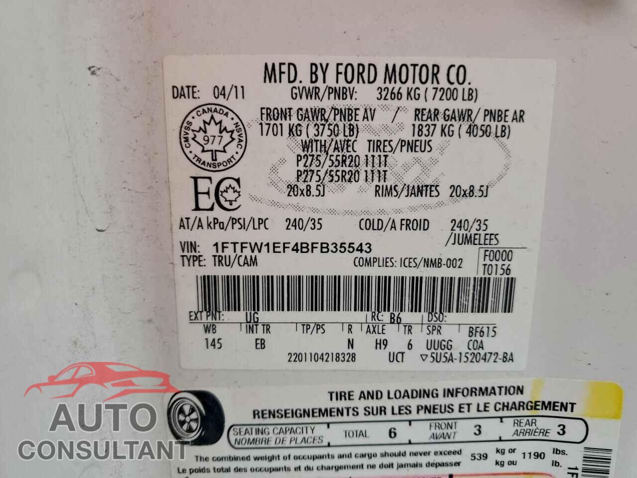 FORD F-150 2011 - 1FTFW1EF4BFB35543