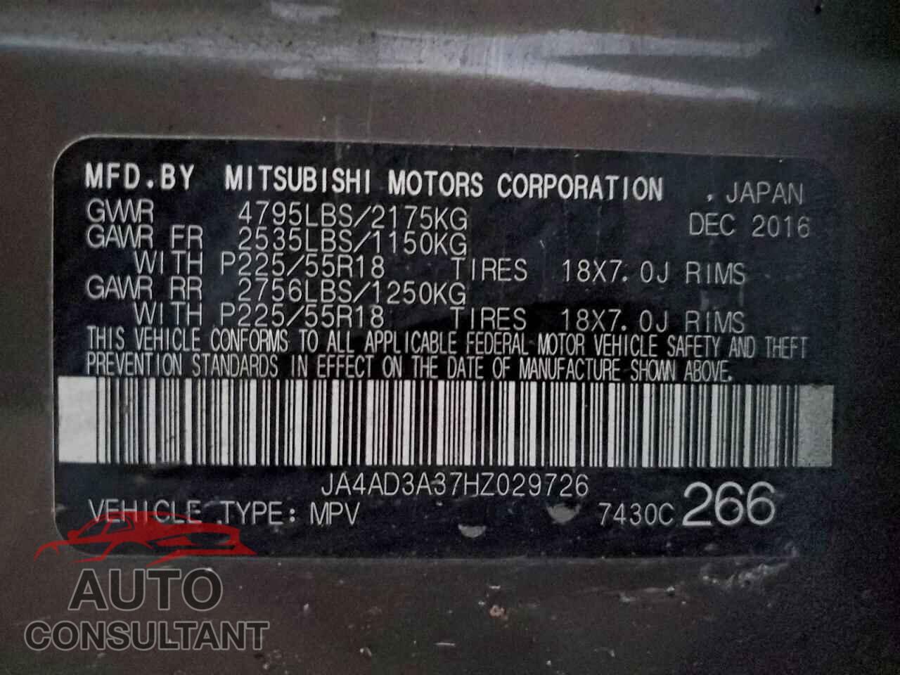 MITSUBISHI OUTLANDER 2017 - JA4AD3A37HZ029726