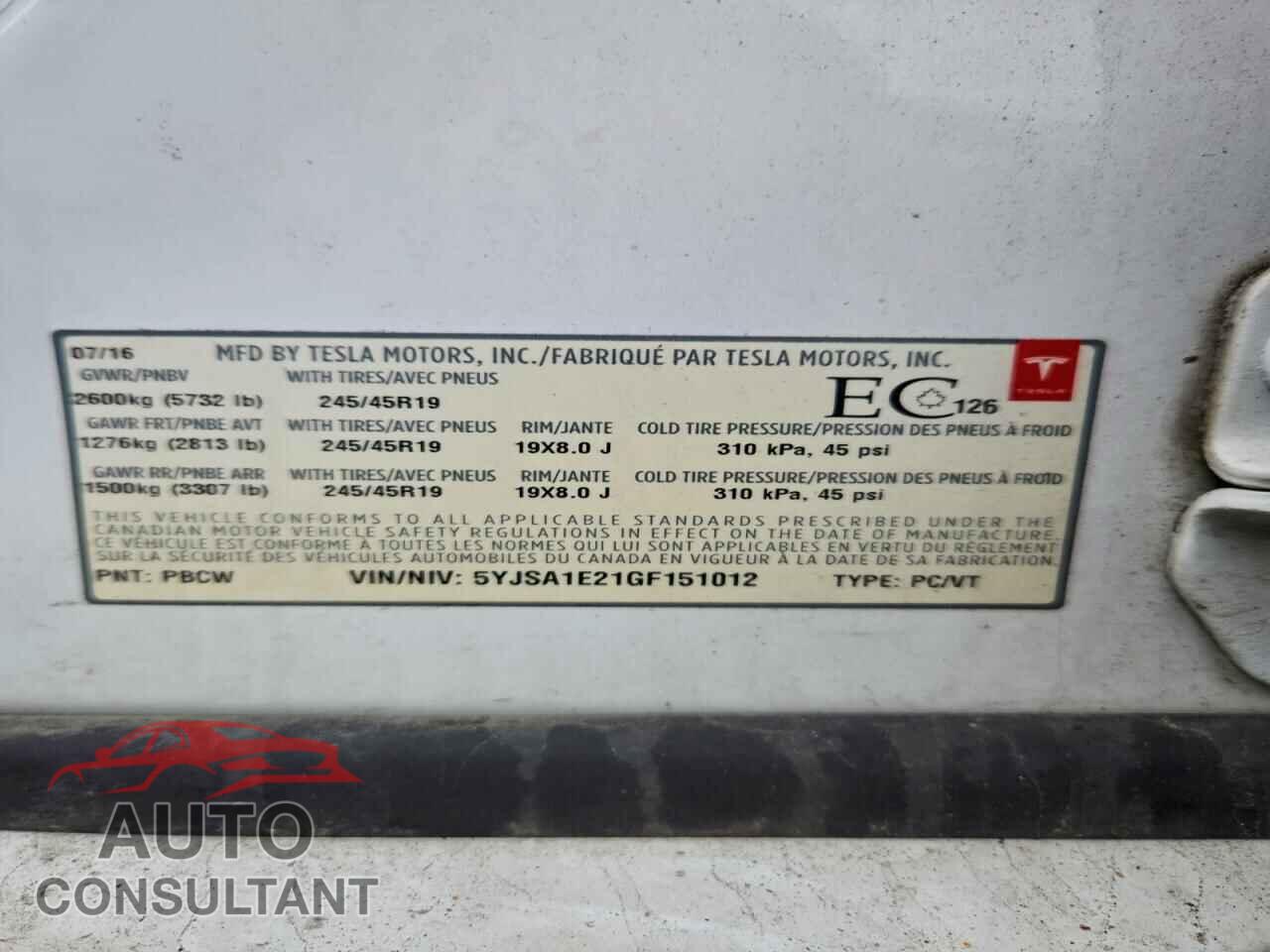TESLA MODEL S 2016 - 5YJSA1E21GF151012
