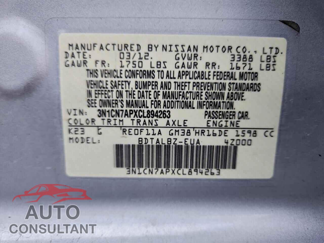 NISSAN VERSA 2012 - 3N1CN7APXCL894263