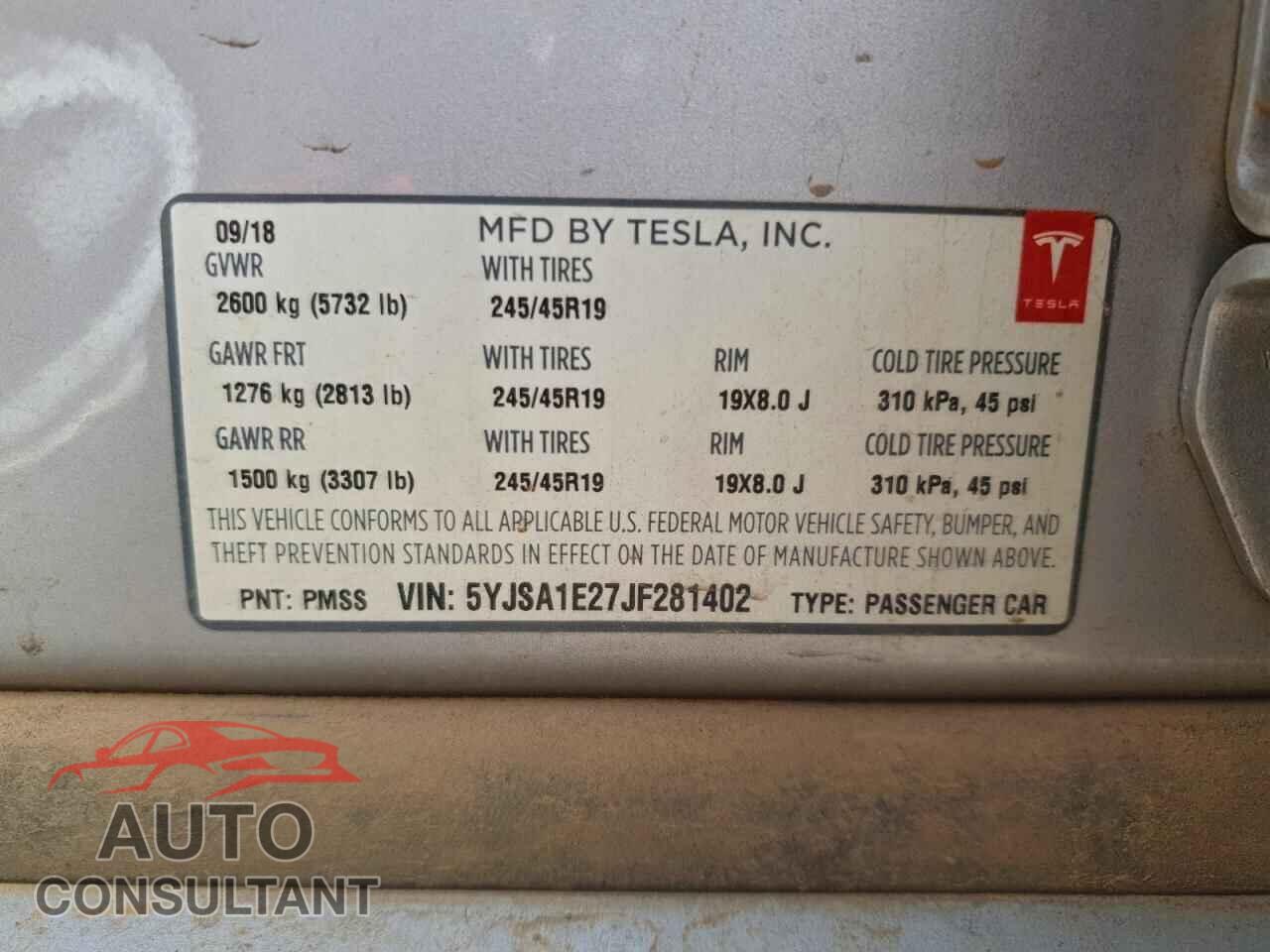 TESLA MODEL S 2018 - 5YJSA1E27JF281402