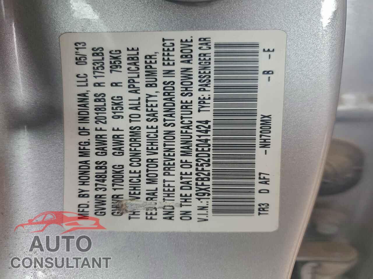 HONDA CIVIC 2013 - 19XFB2F52DE041424