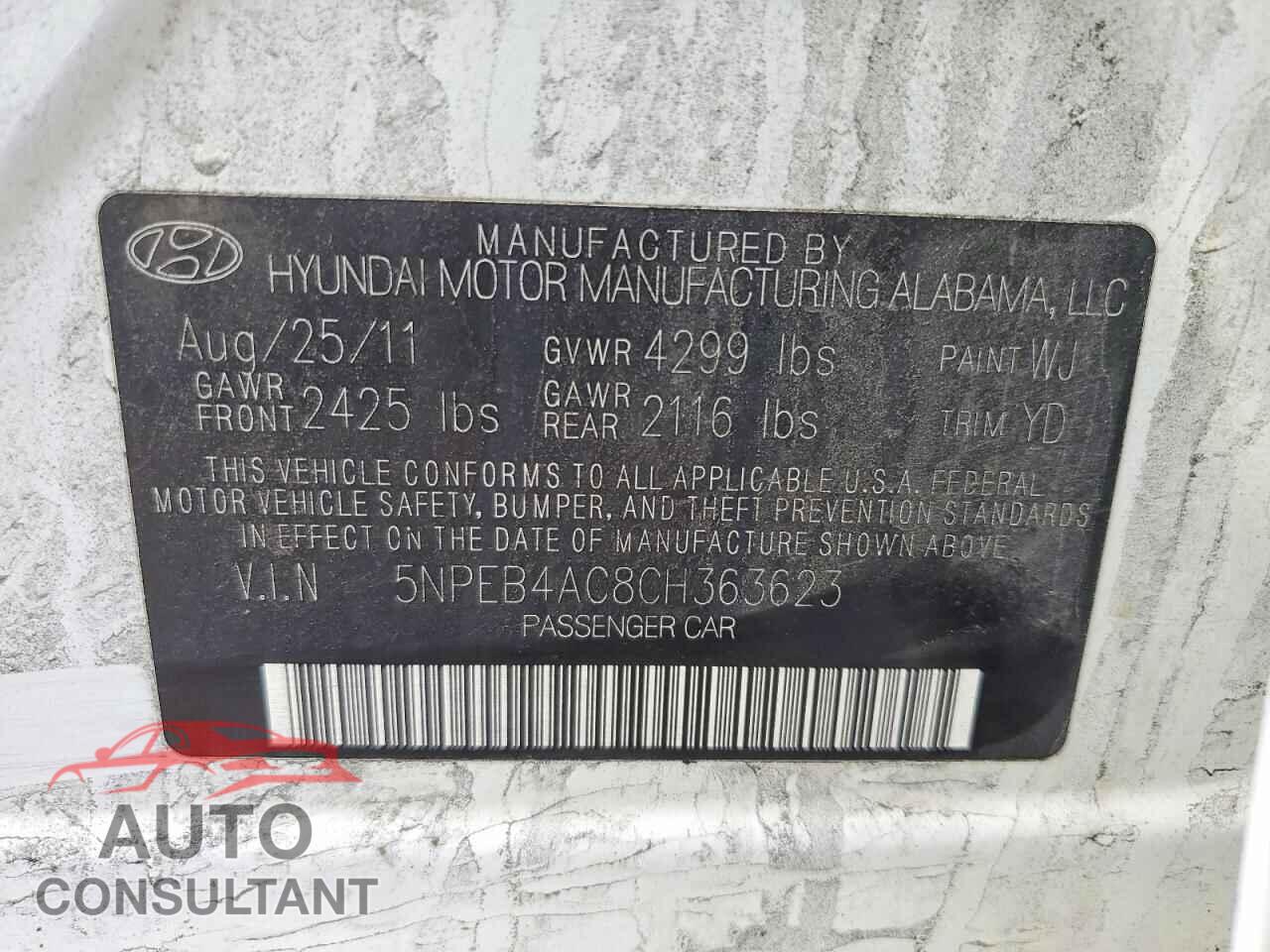 HYUNDAI SONATA 2012 - 5NPEB4AC8CH363623