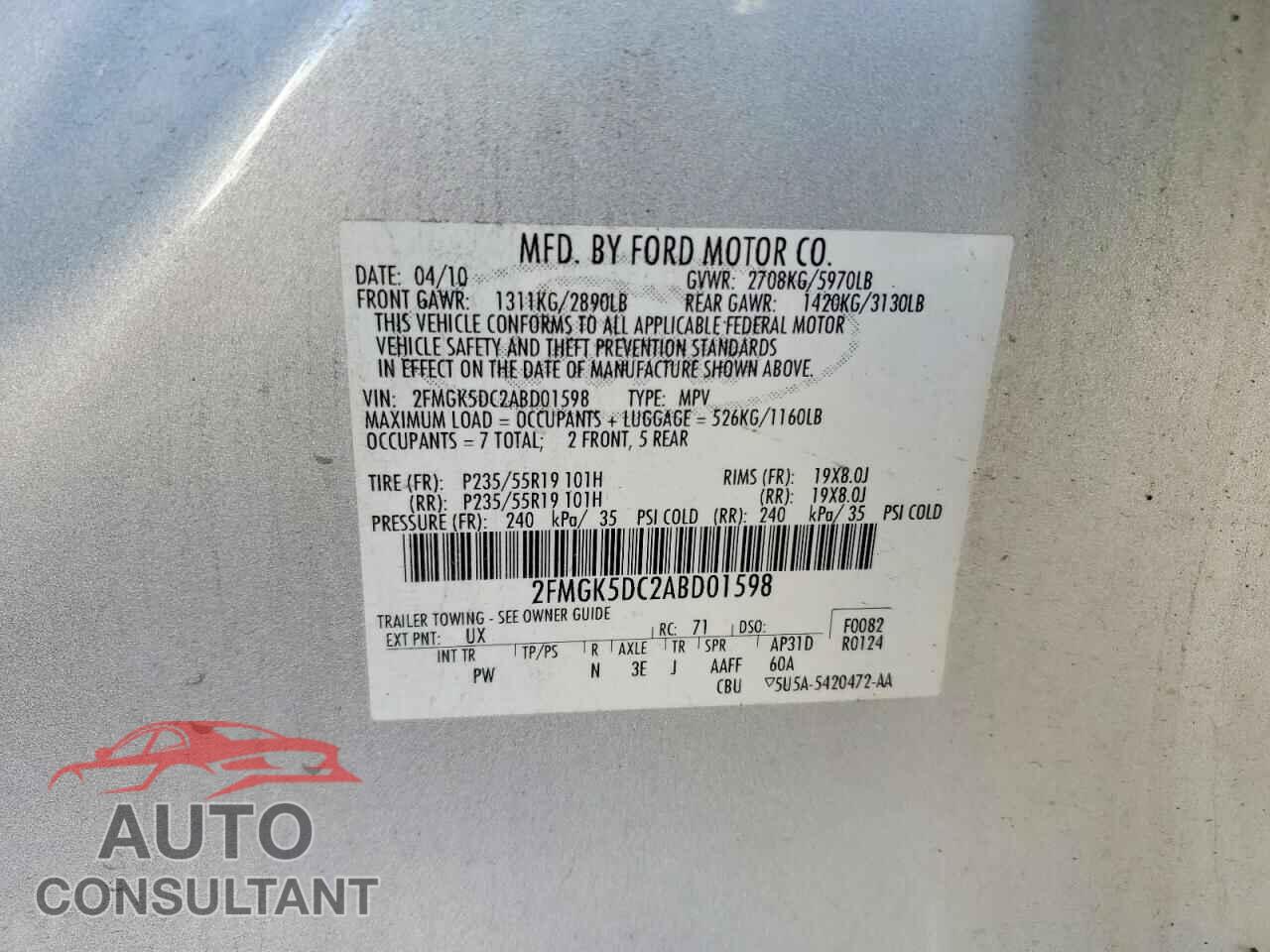 FORD FLEX 2010 - 2FMGK5DC2ABD01598