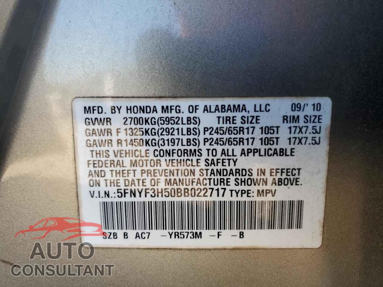 HONDA PILOT 2011 - 5FNYF3H50BB022717