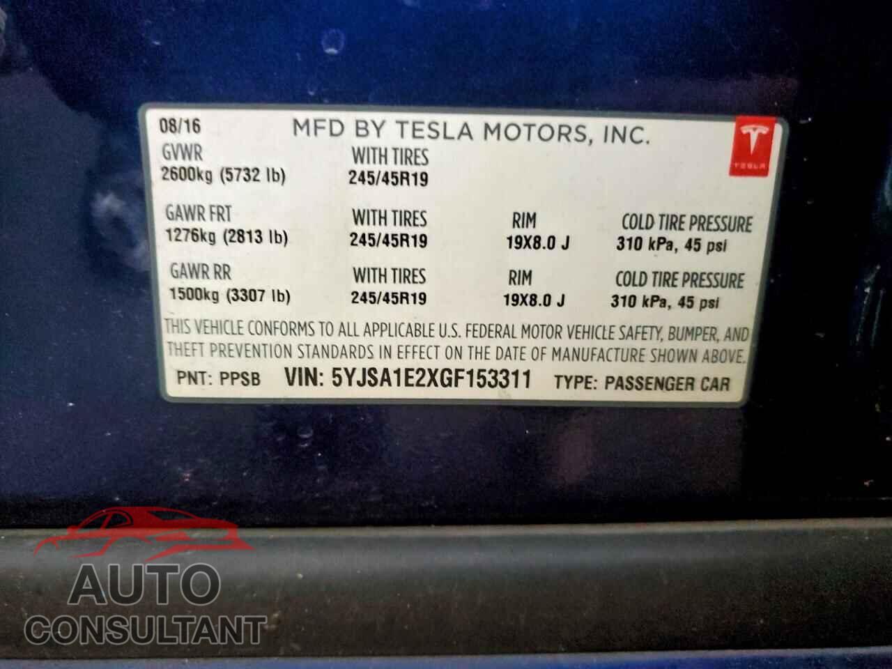 TESLA MODEL S 2016 - 5YJSA1E2XGF153311
