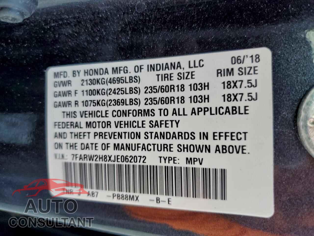HONDA CRV 2018 - 7FARW2H8XJE062072
