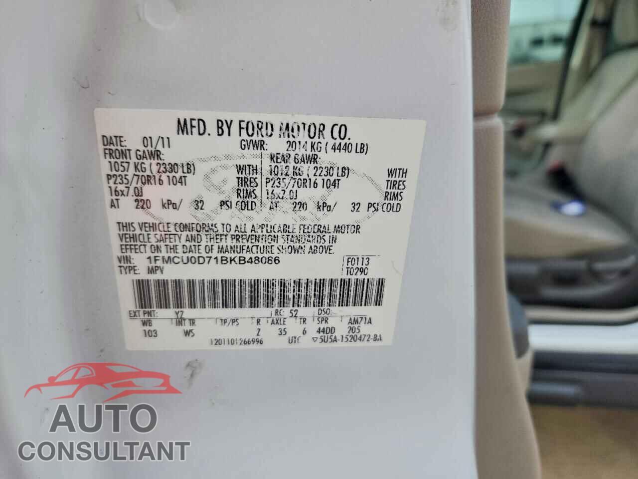 FORD ESCAPE 2011 - 1FMCU0D71BKB48086