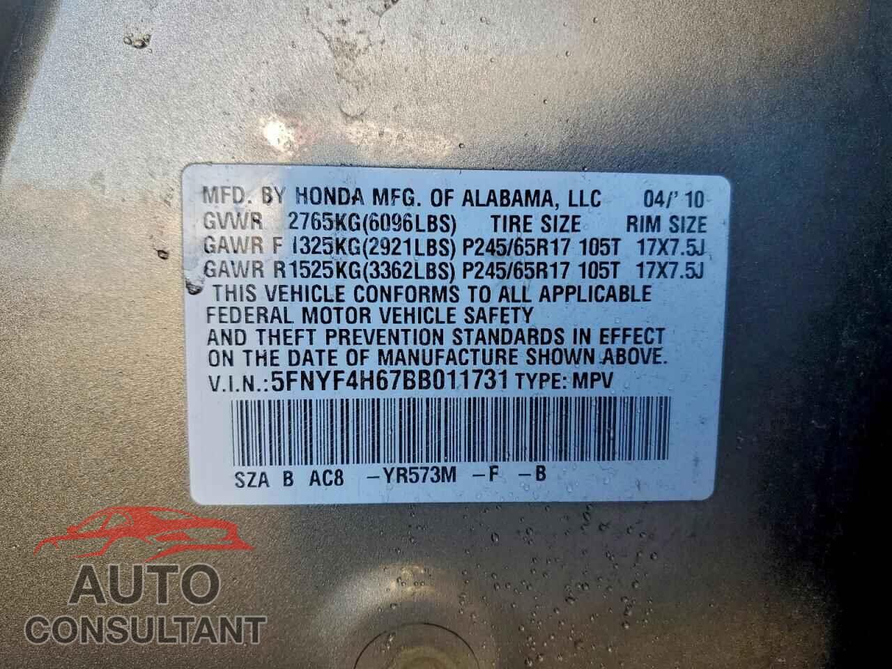 HONDA PILOT 2011 - 5FNYF4H67BB011731