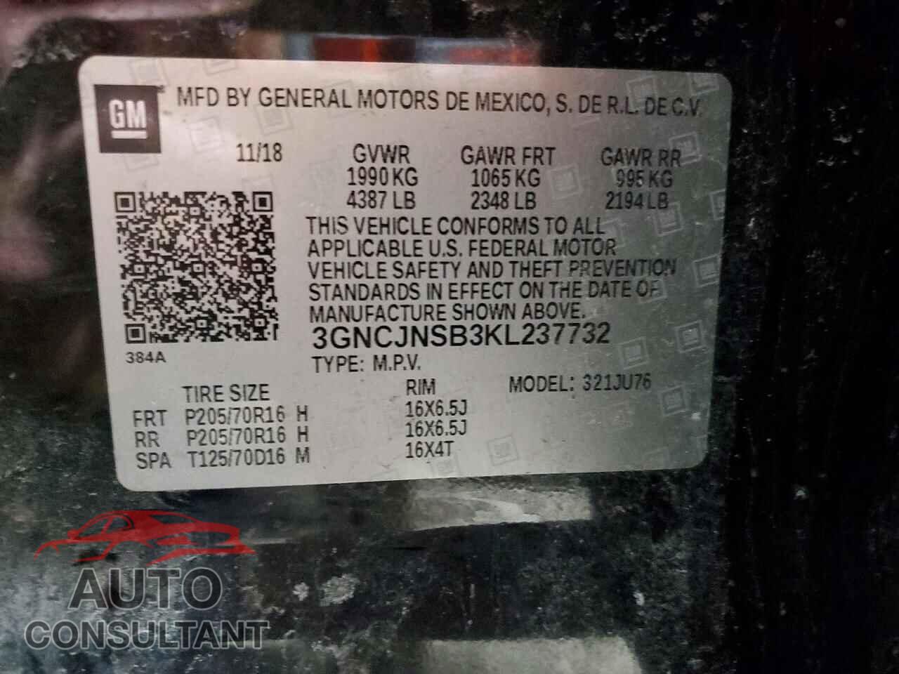CHEVROLET TRAX 2019 - 3GNCJNSB3KL237732