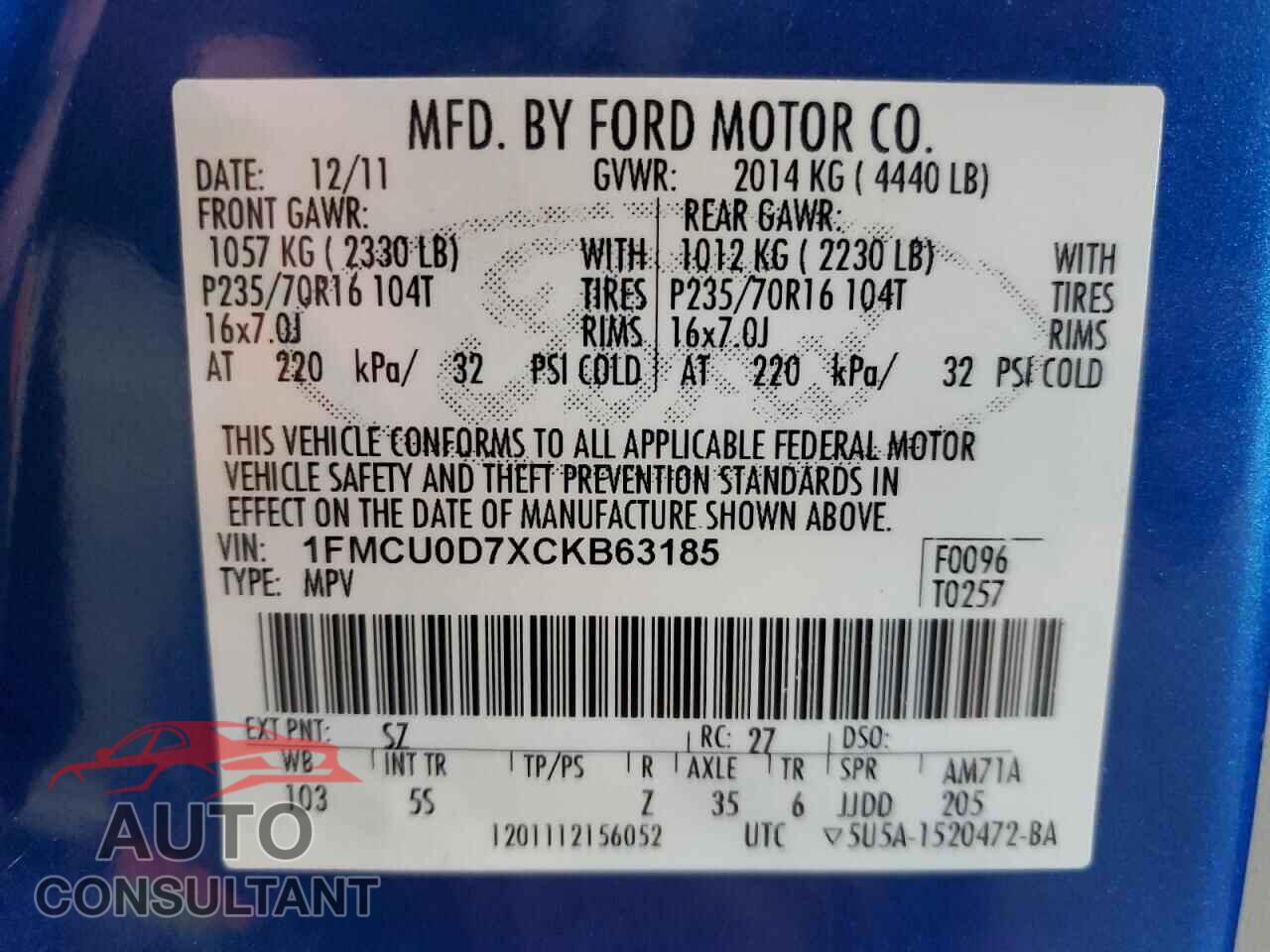 FORD ESCAPE 2012 - 1FMCU0D7XCKB63185