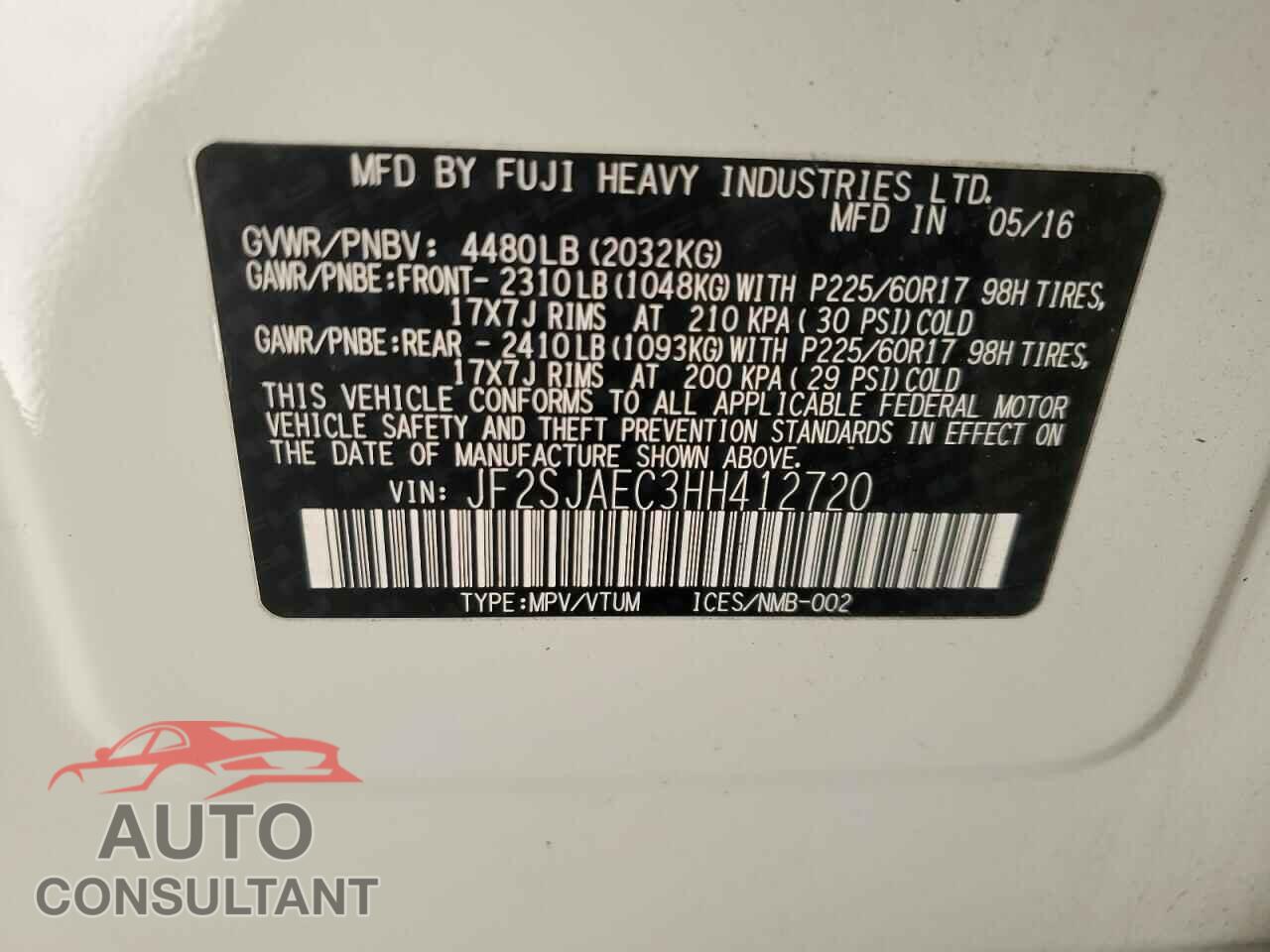 SUBARU FORESTER 2017 - JF2SJAEC3HH412720