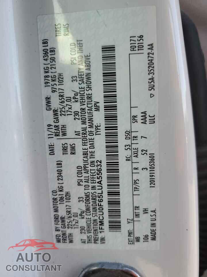 FORD ESCAPE 2020 - 1FMCU0F65LUA55632