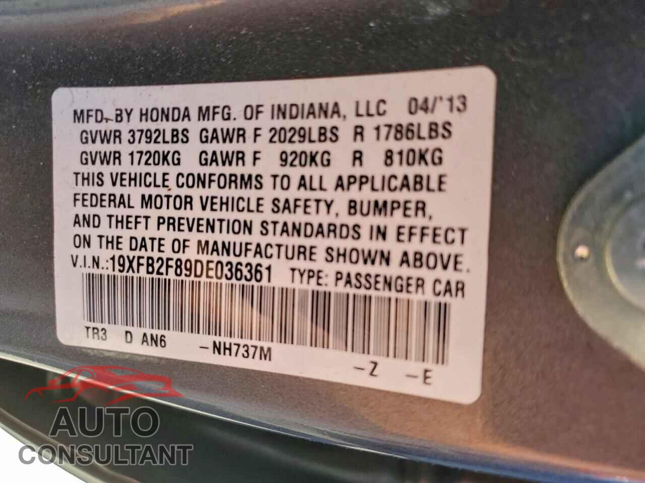 HONDA CIVIC 2013 - 19XFB2F89DE036361
