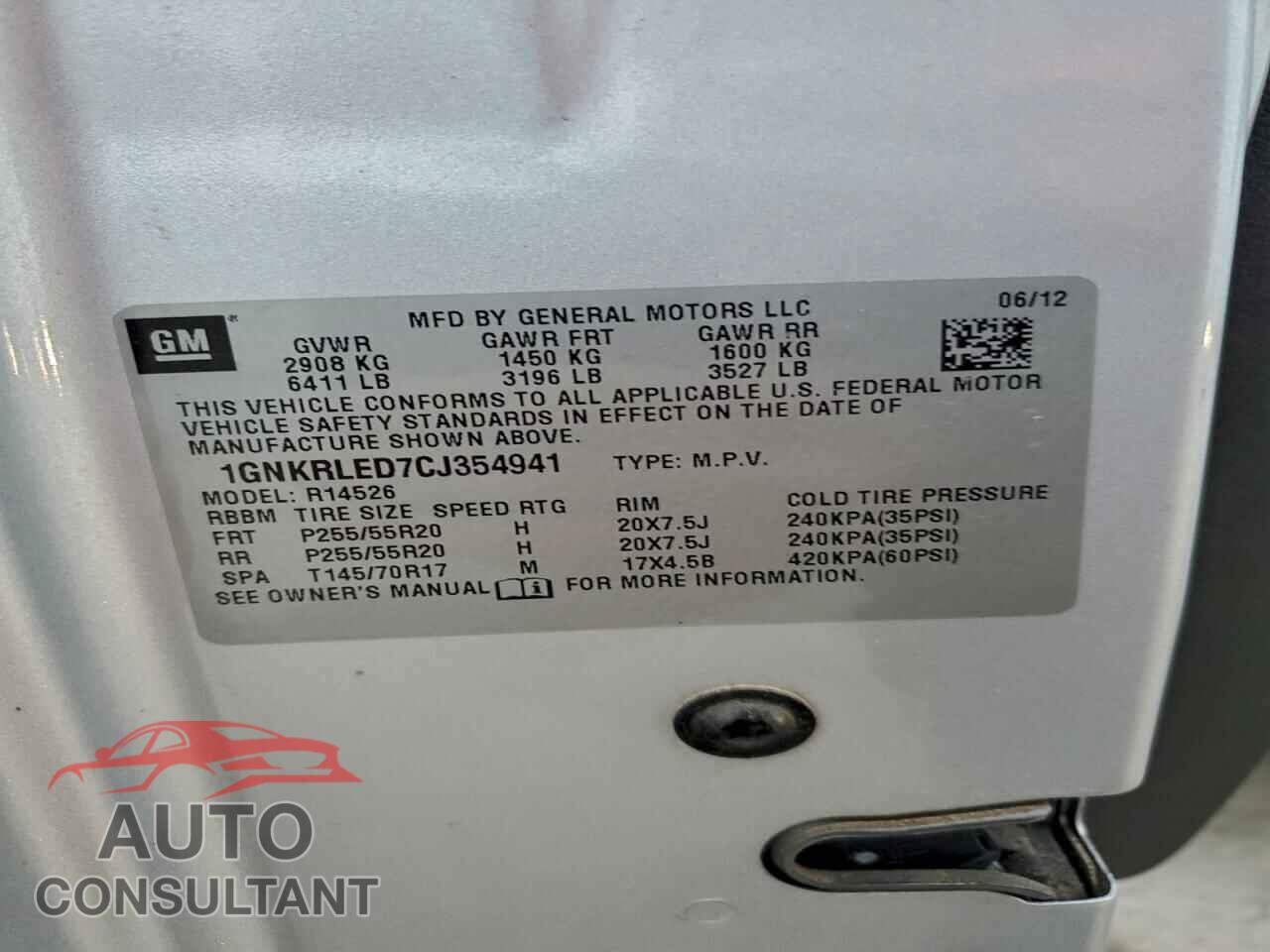 CHEVROLET TRAVERSE 2012 - 1GNKRLED7CJ354941