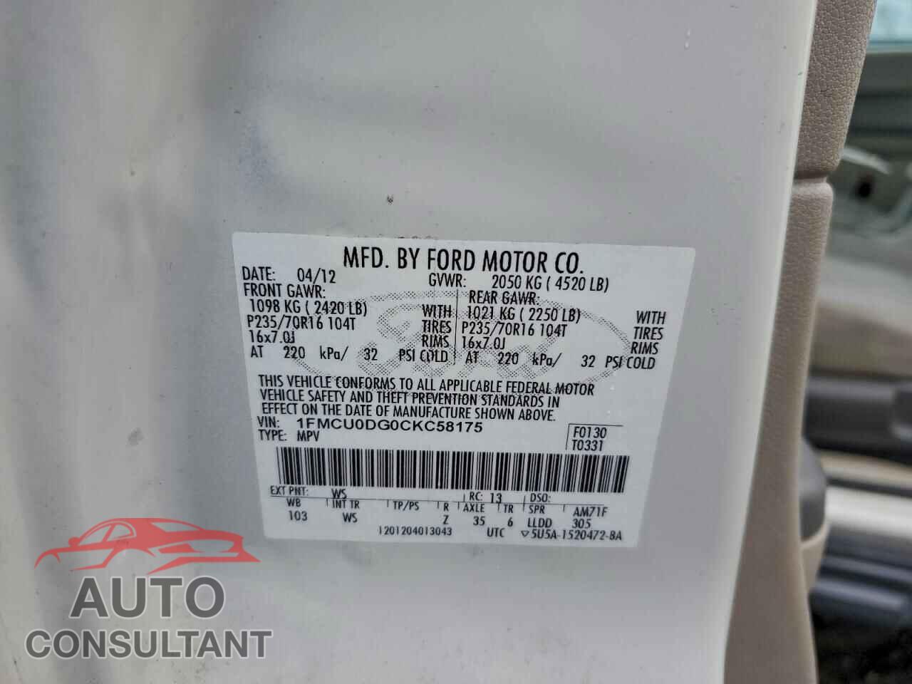 FORD ESCAPE 2012 - 1FMCU0DG0CKC58175