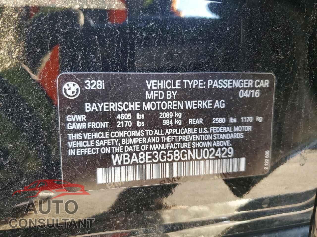 BMW 3 SERIES 2016 - WBA8E3G58GNU02429