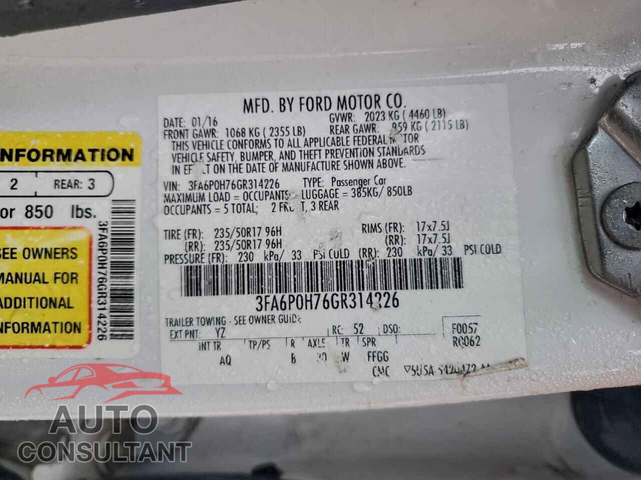 FORD FUSION 2016 - 3FA6P0H76GR314226