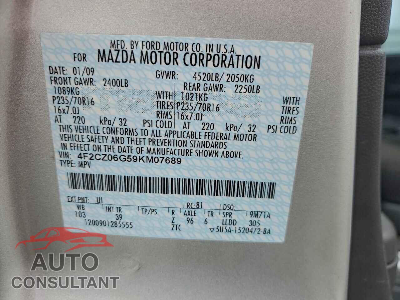 MAZDA TRIBUTE 2009 - 4F2CZ06G59KM07689