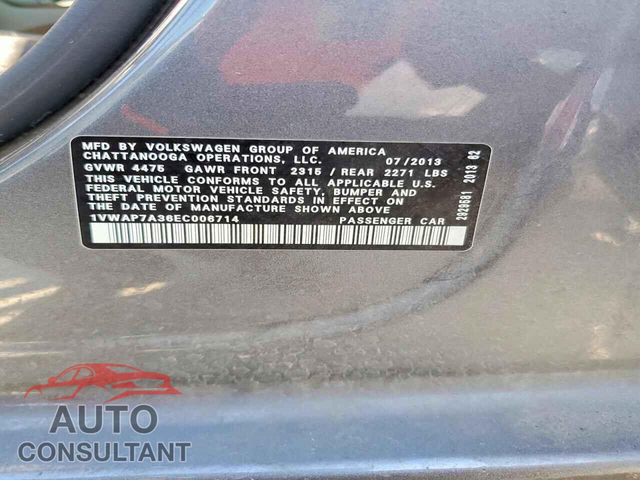 VOLKSWAGEN PASSAT 2014 - 1VWAP7A36EC006714