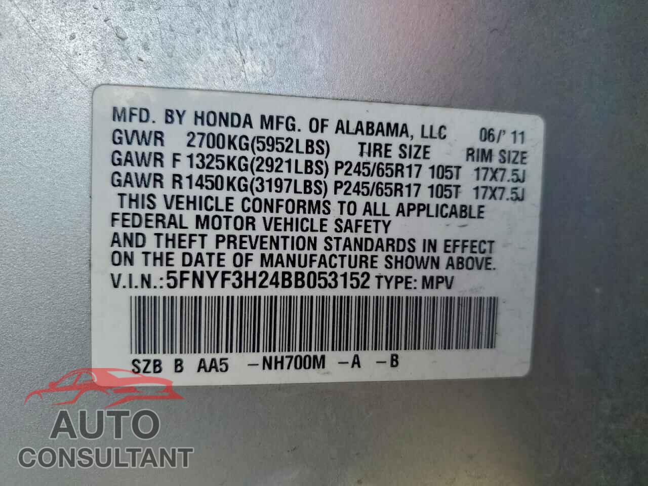 HONDA PILOT 2011 - 5FNYF3H24BB053152