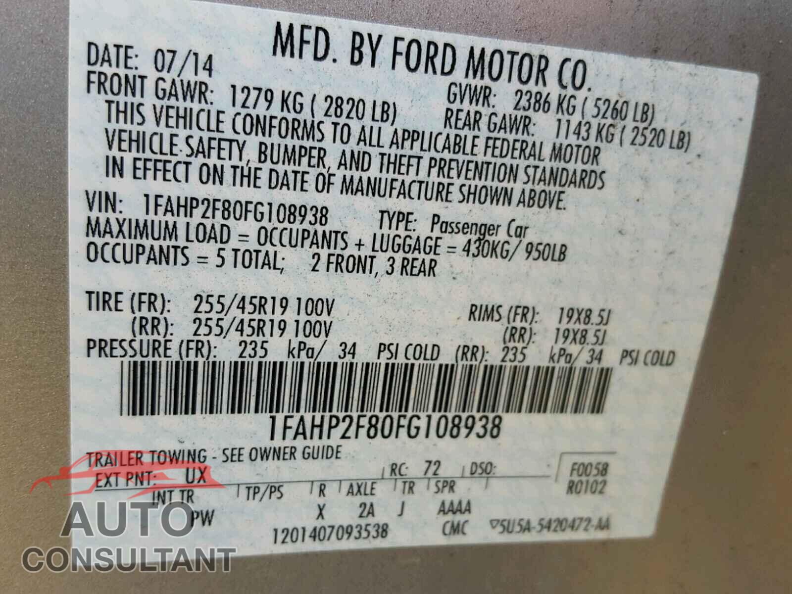 FORD TAURUS 2015 - 1FAHP2F80FG108938