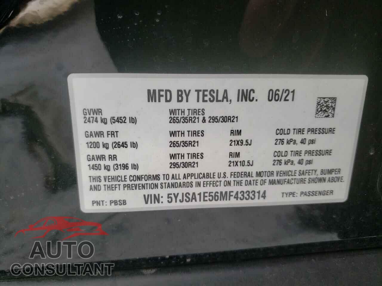 TESLA MODEL S 2021 - 5YJSA1E56MF433314