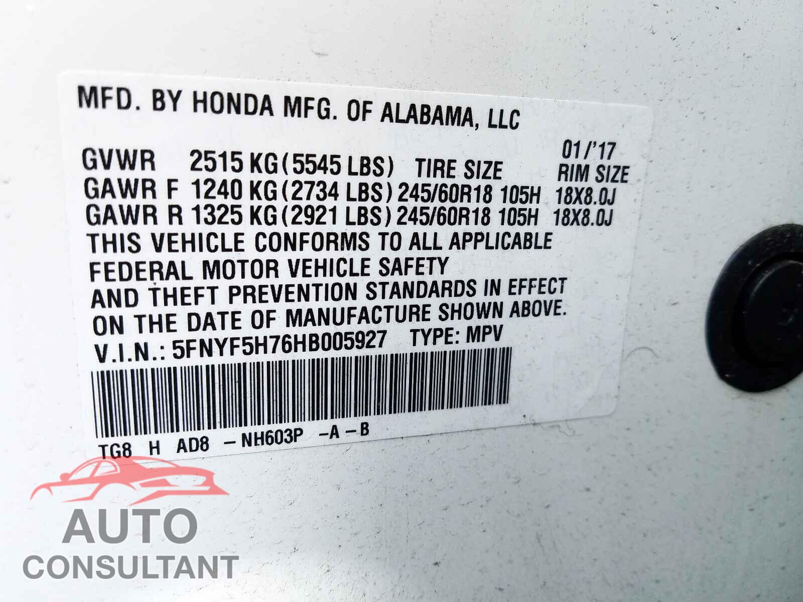 HONDA PILOT 2017 - 4T1NZ1AK6LU036284