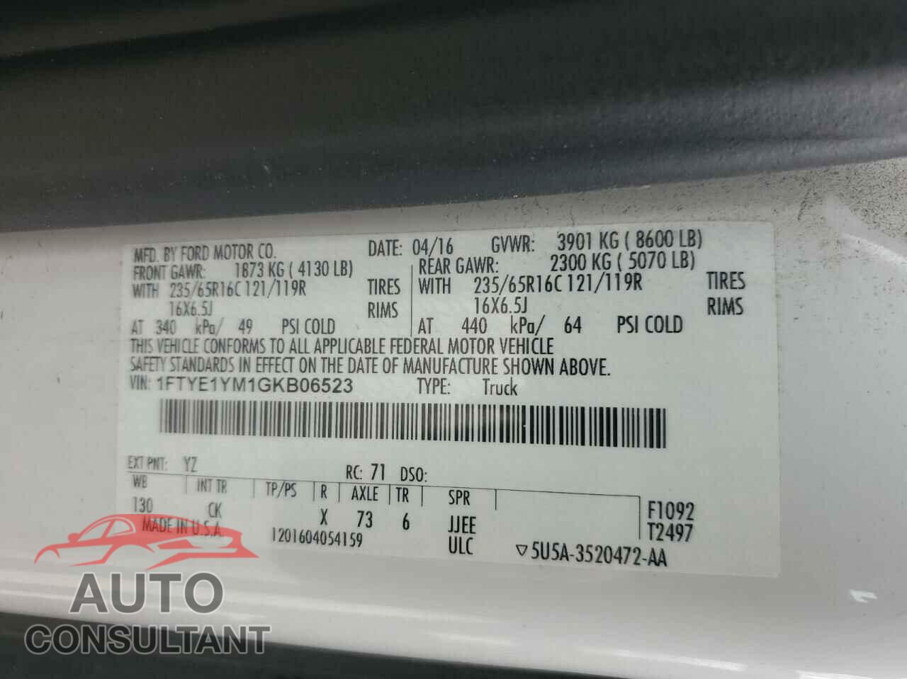FORD TRANSIT CO 2016 - 1FTYE1YM1GKB06523