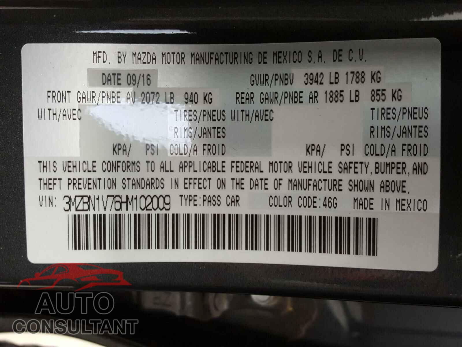 MAZDA 3 2017 - 3MZBN1V76HM102009