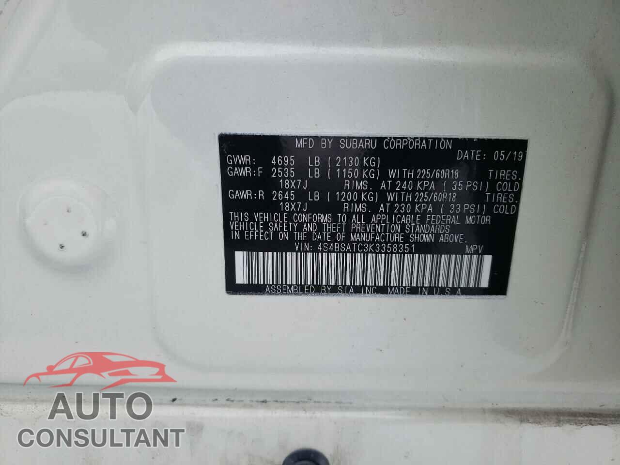 SUBARU OUTBACK 2019 - 4S4BSATC3K3358351
