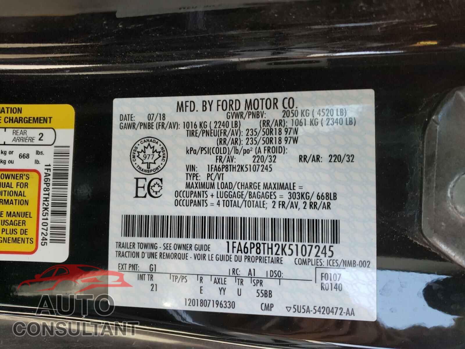 FORD MUSTANG 2019 - 1FA6P8TH2K5107245