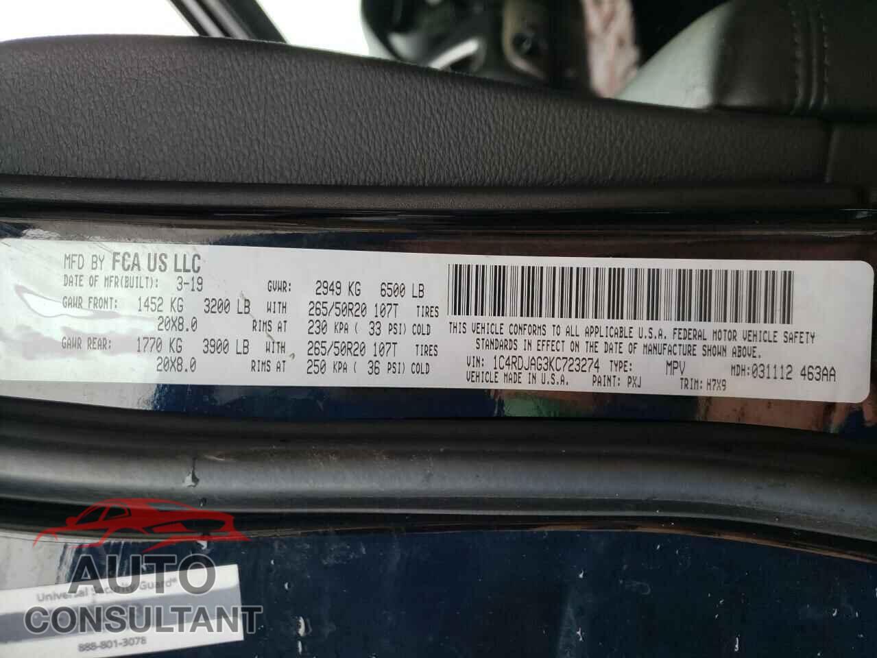 DODGE DURANGO 2019 - 1C4RDJAG3KC723274
