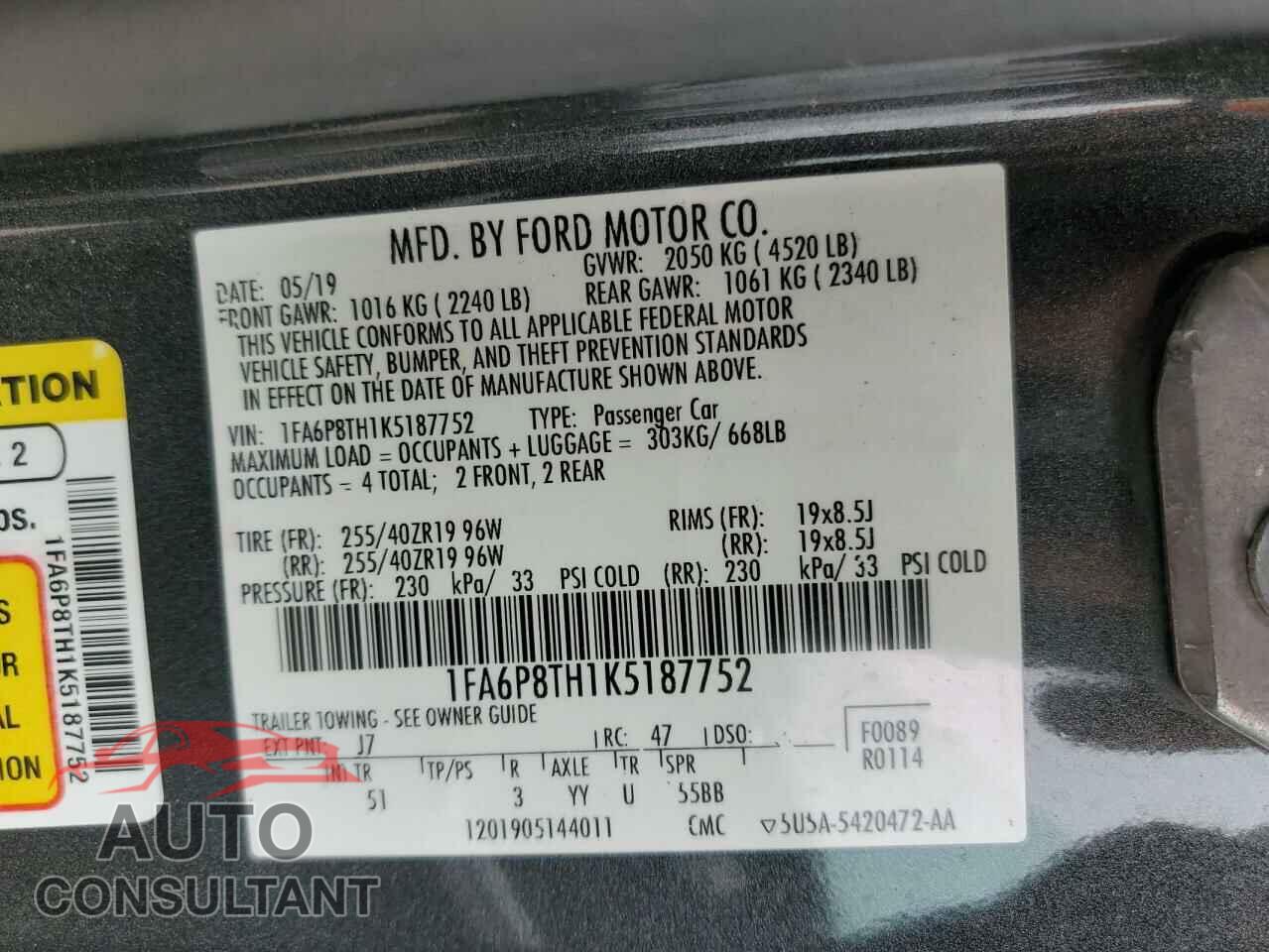 FORD MUSTANG 2019 - 1FA6P8TH1K5187752
