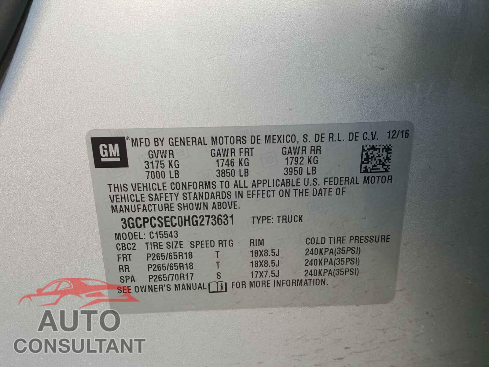 CHEVROLET SILVERADO 2017 - 3GCPCSEC0HG273631