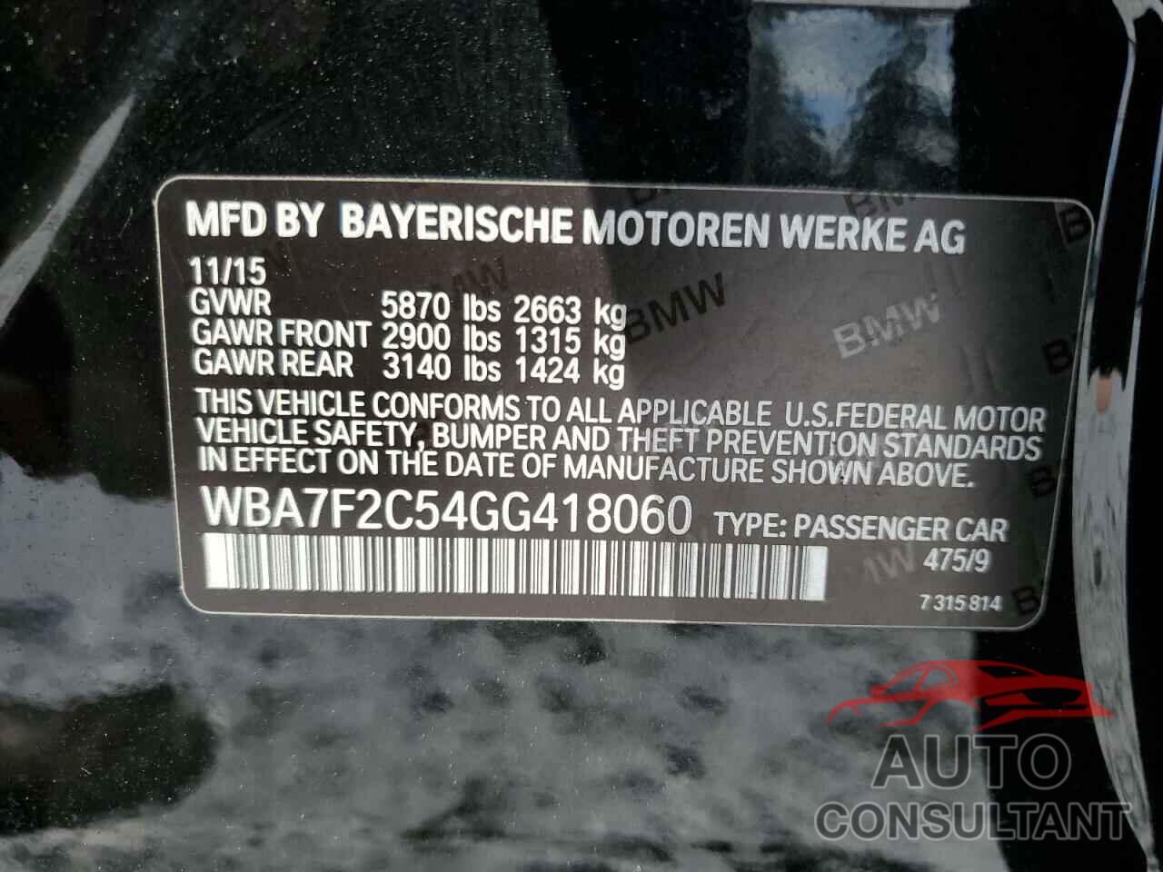BMW 7 SERIES 2016 - WBA7F2C54GG418060