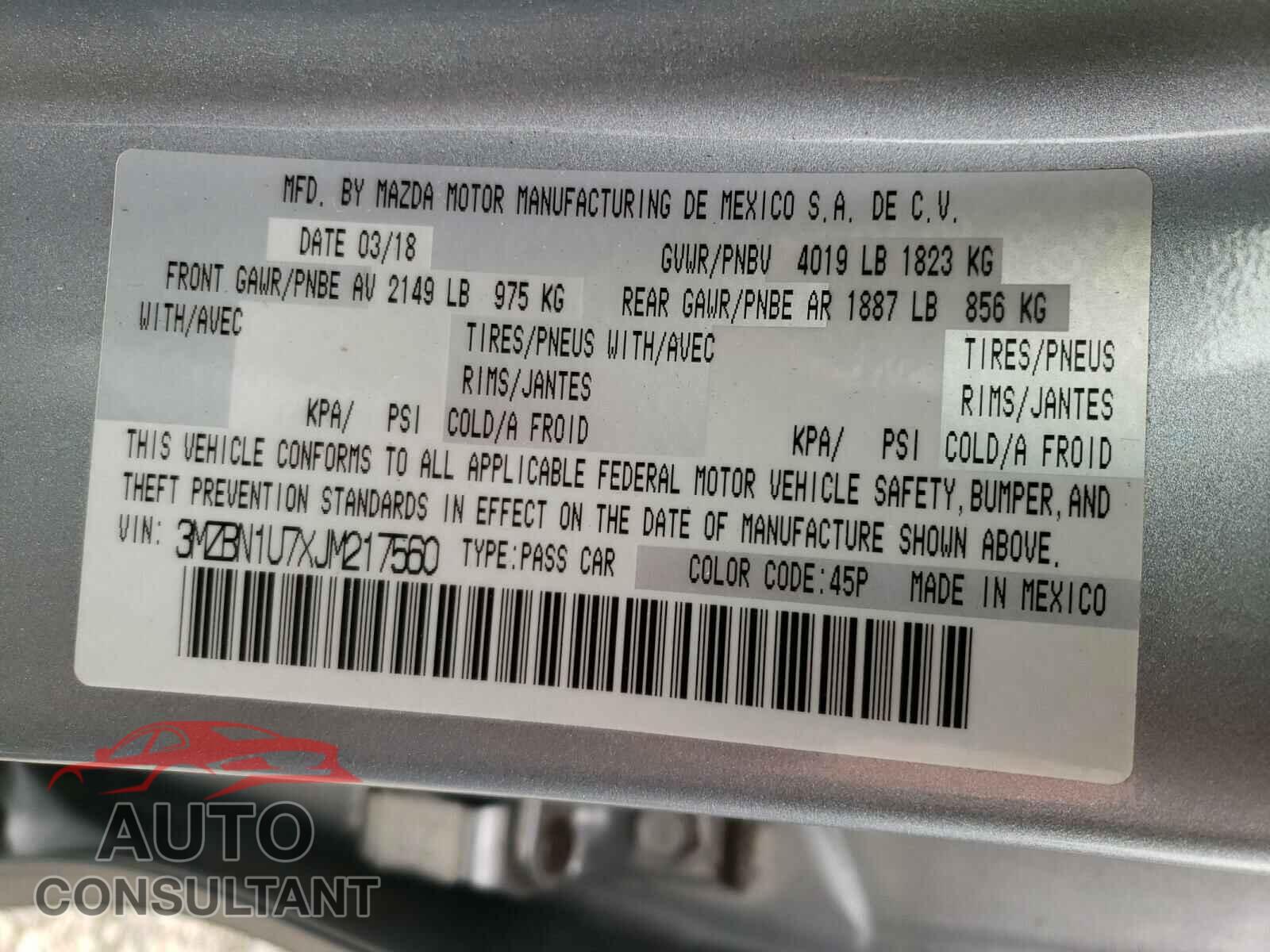 MAZDA 3 2018 - 3MZBN1U7XJM217560