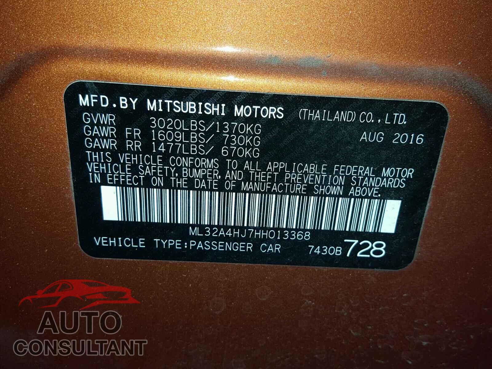 MITSUBISHI MIRAGE 2017 - ML32A4HJ7HH013368