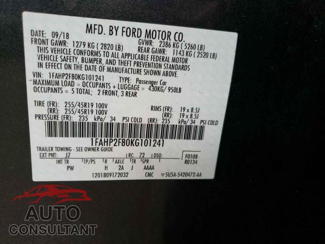 FORD TAURUS 2019 - 1FAHP2F80KG101241