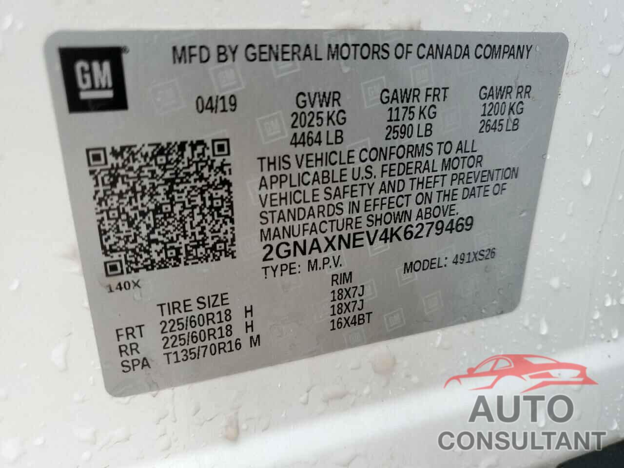 CHEVROLET EQUINOX 2019 - 2GNAXNEV4K6279469