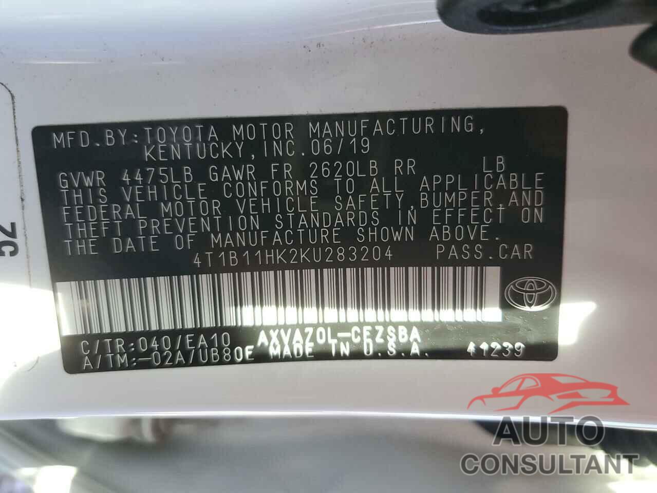 TOYOTA CAMRY 2019 - 4T1B11HK2KU283204