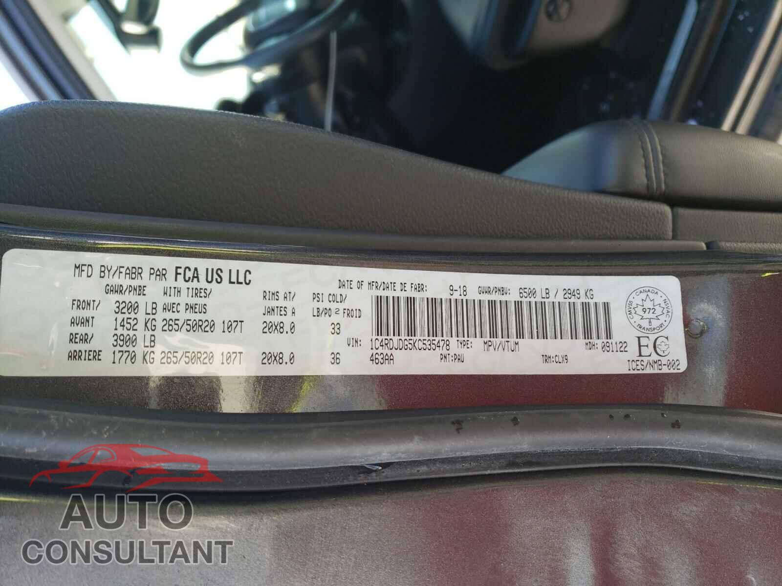 DODGE DURANGO 2019 - 1C4RDJDG5KC535478