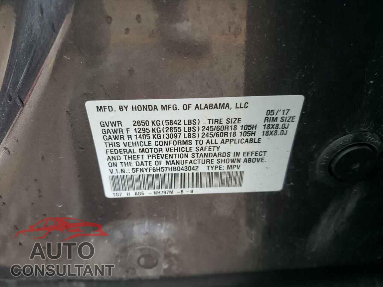 HONDA PILOT 2017 - 5FNYF6H57HB043042