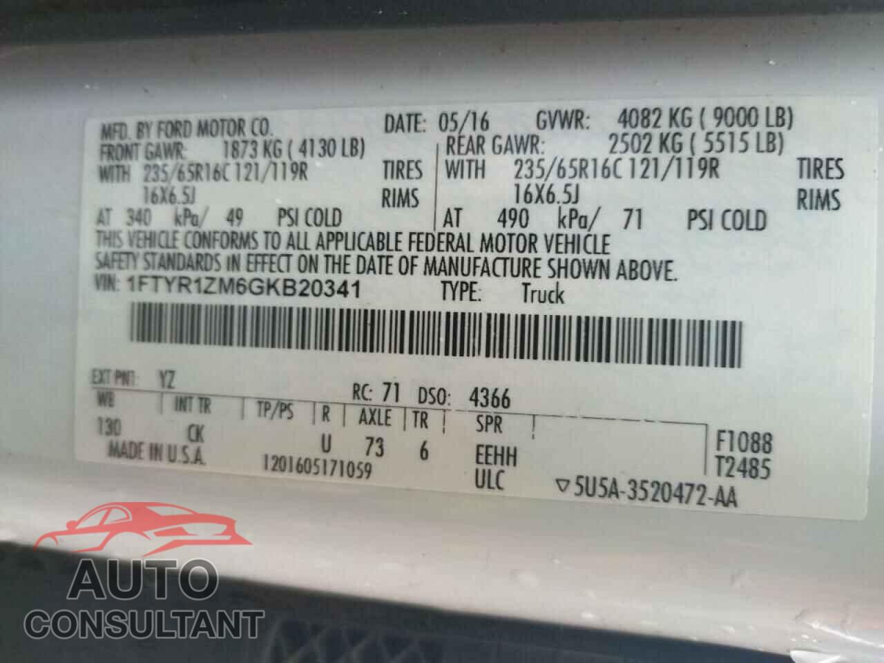 FORD TRANSIT CO 2016 - 1FTYR1ZM6GKB20341