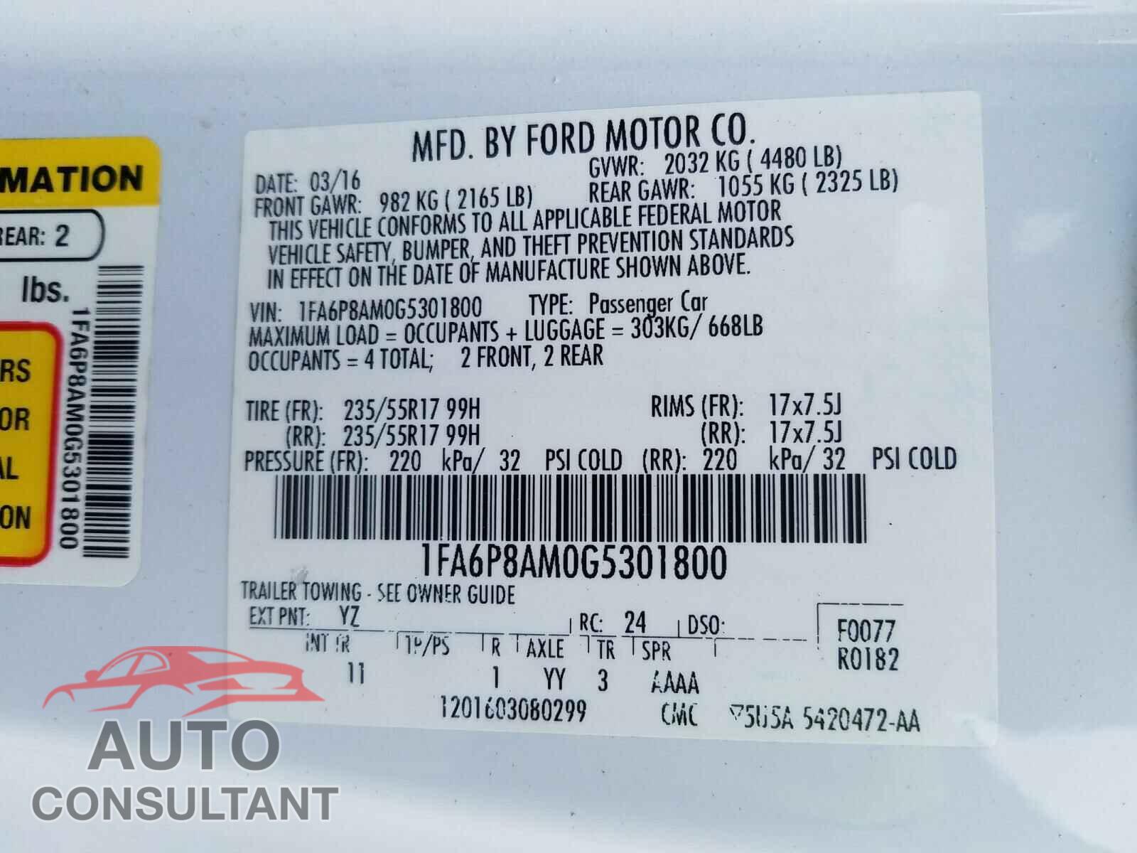 FORD MUSTANG 2016 - 1FA6P8AM0G5301800
