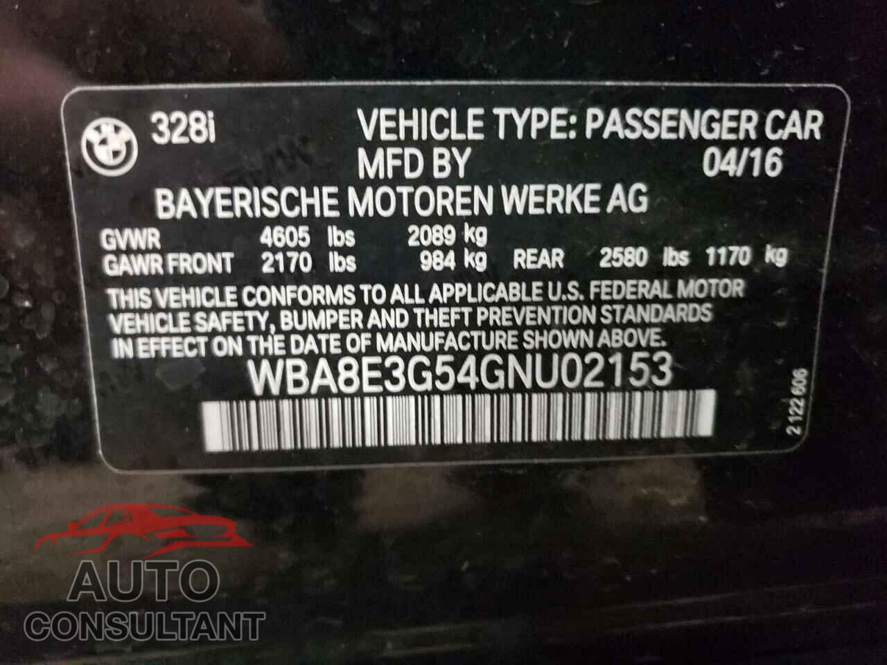 BMW 3 SERIES 2016 - WBA8E3G54GNU02153