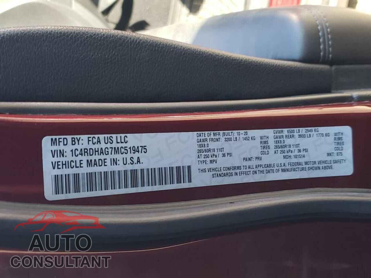 DODGE DURANGO 2021 - 1C4RDHAG7MC519475