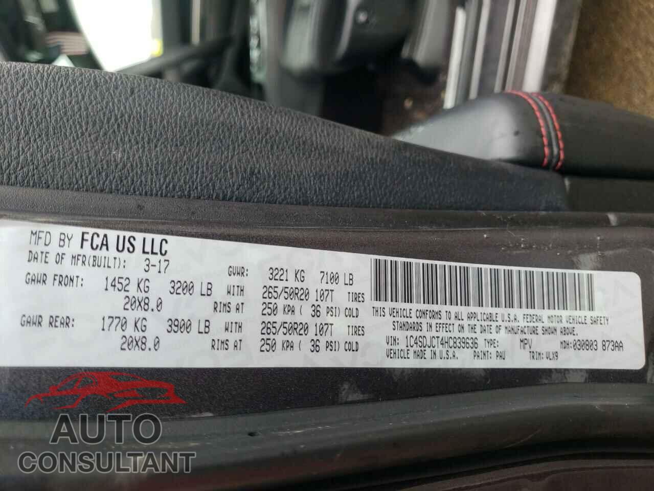 DODGE DURANGO 2017 - 1C4SDJCT4HC839636