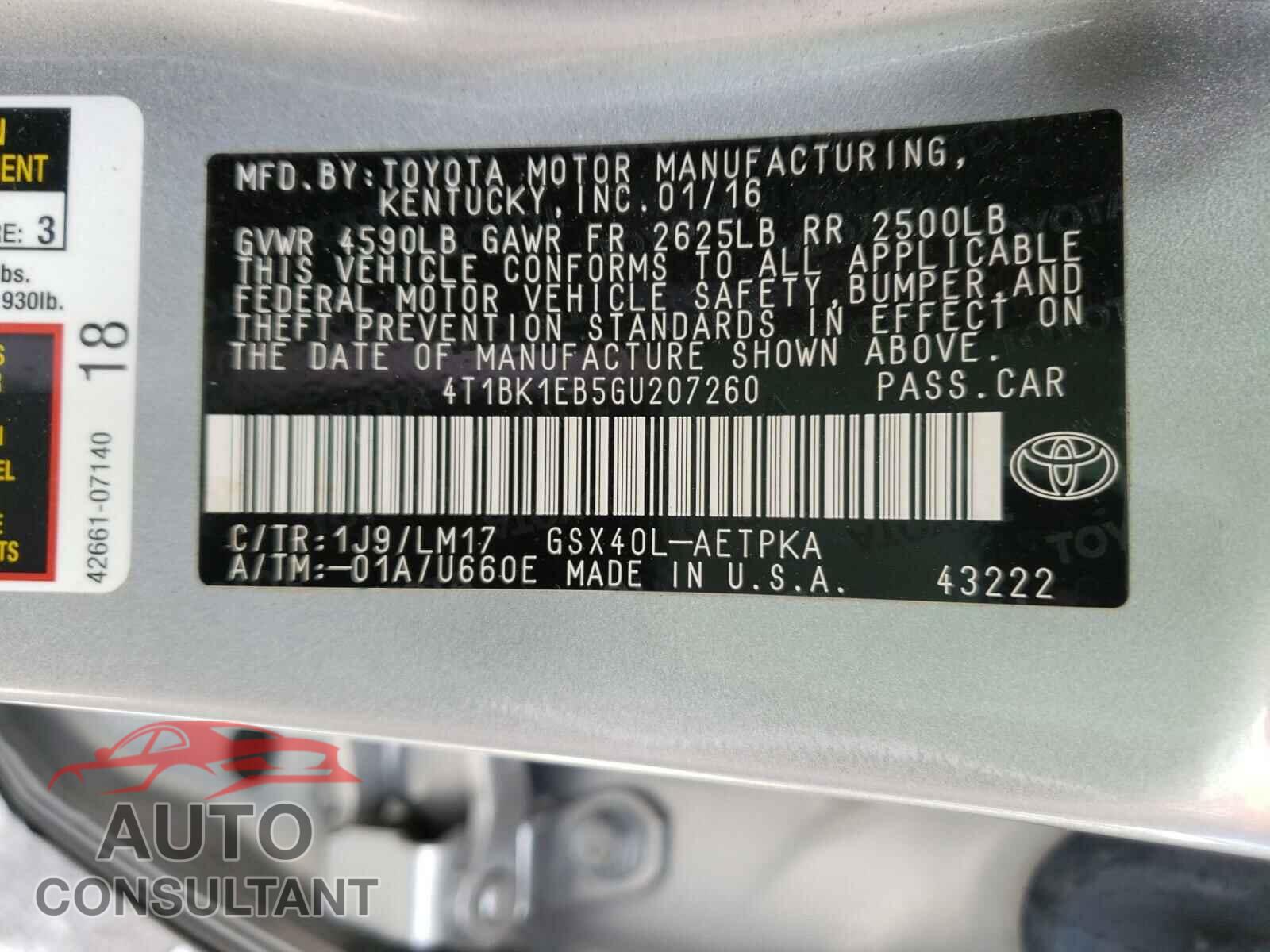 TOYOTA AVALON 2016 - 4T1BK1EB5GU207260